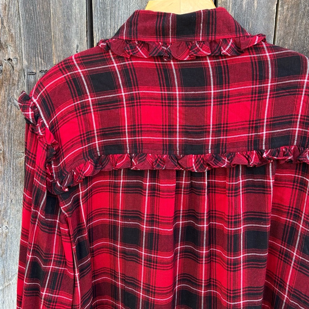 NWT Polo Ralph Lauren Ruffle Plaid Shirt Blouse Viscose Wool Red Black XL - Picture 11 of 16